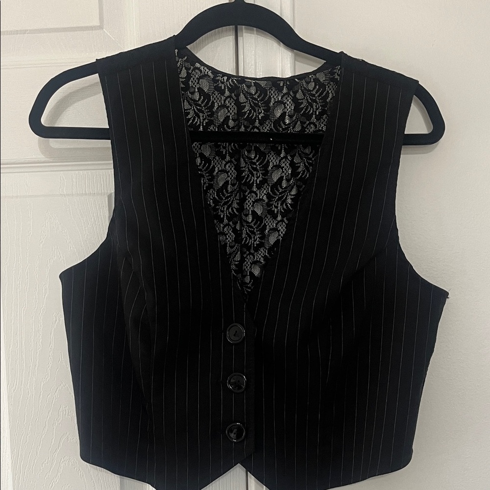 Vintage Black Pinstripe Vest with Lace Back